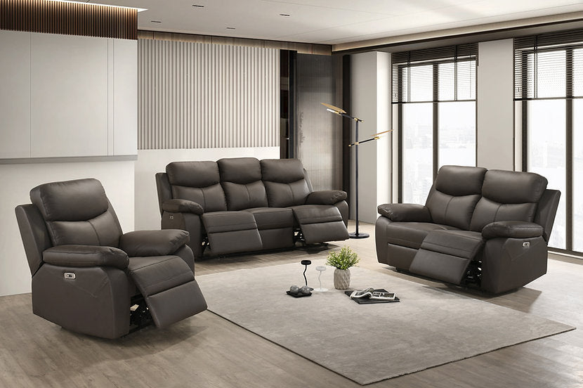 Ensemble 3 pièces inclinable électrique IF-8160 – cuir chocolat avec ports USB et porte-gobelets