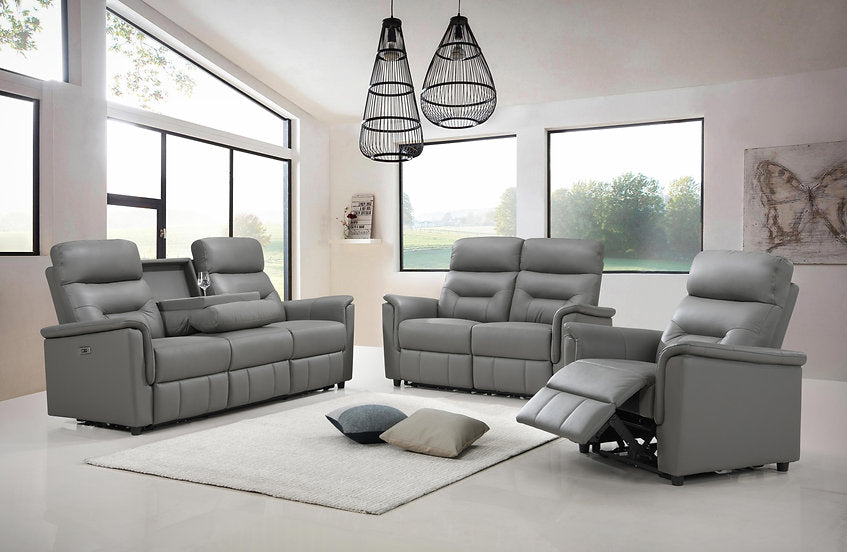 Ensemble 3 pièces inclinable électrique IF-8141 – cuir gris pâle avec USB et plateau escamotable